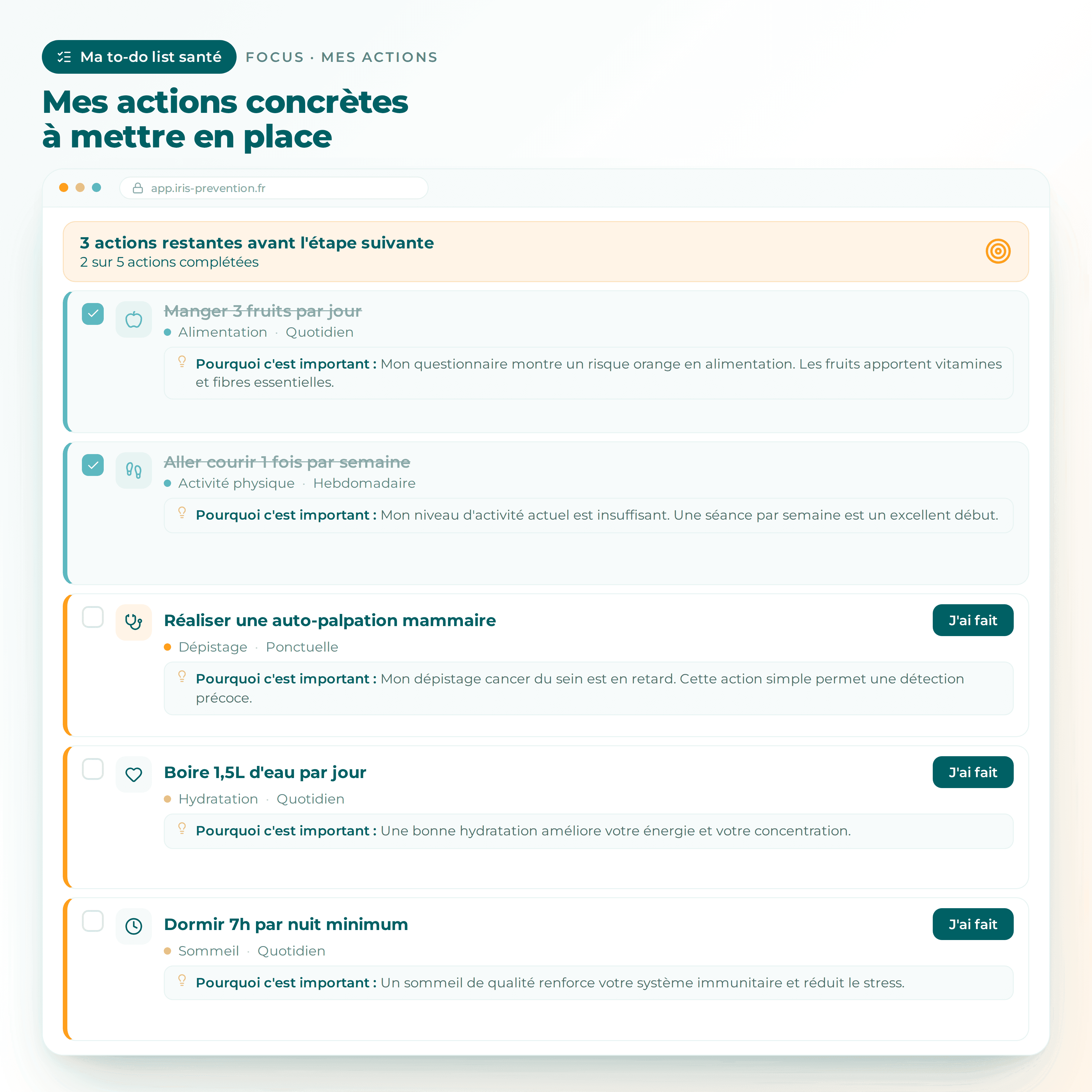 Application IRIS Prévention — ma to-do list santé et actions à mettre en place